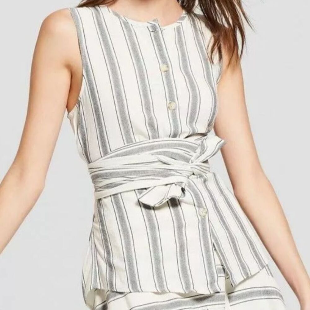 Who What Wear Cotton Cream & Blue Striped Sleeveless Button Down Wrap Belt M EUC